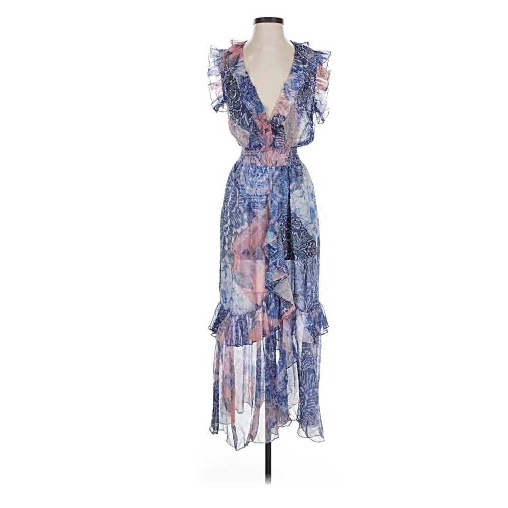 MISA Los Angeles Kidada Ruffle‎ Midi Dress S Coastal Boho Patchwork
